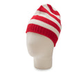 Red and white striped beanie on a mannequin head against a white background