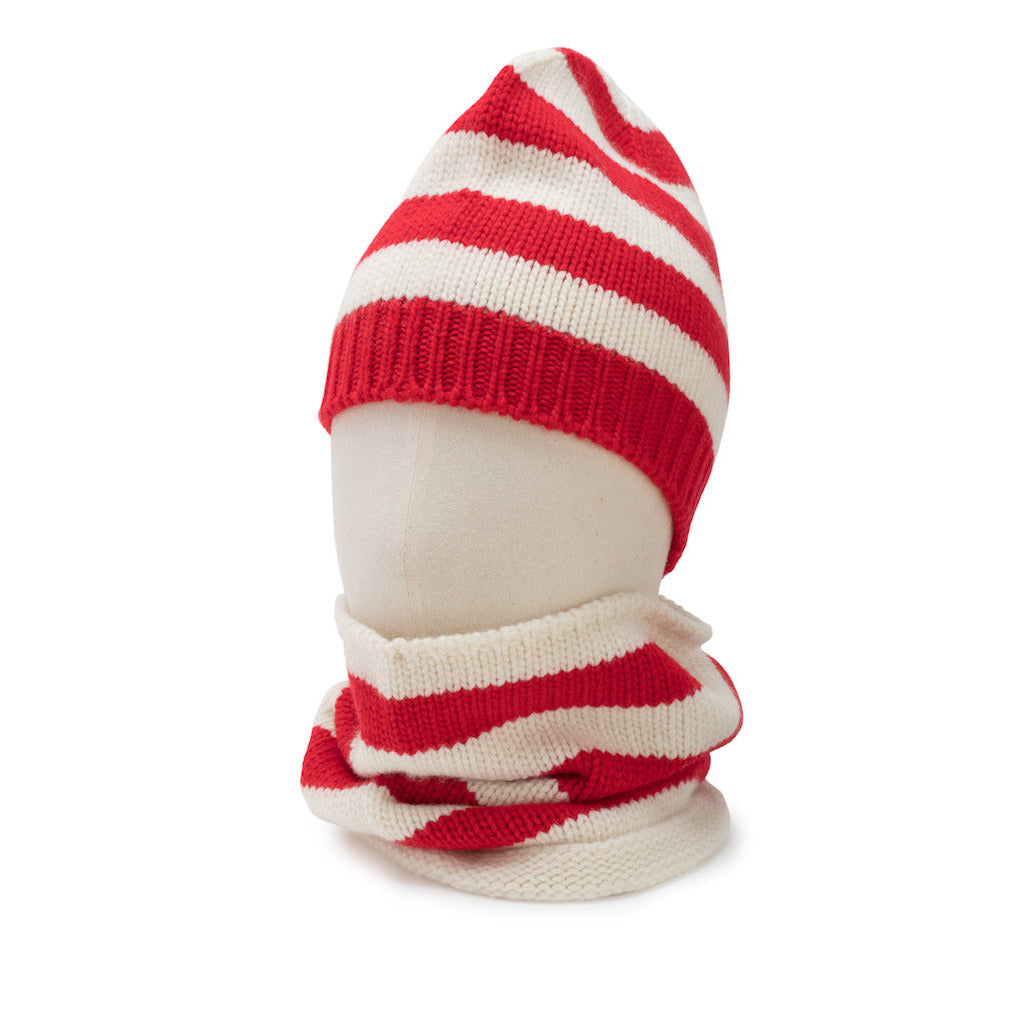 Red and white striped knit hat and scarf set on a white background