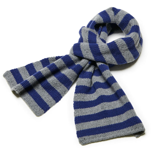 Blue and gray striped scarf on a white background