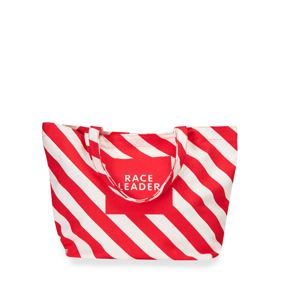 Red and white striped tote bag with 'Race Leader' logo on a white background