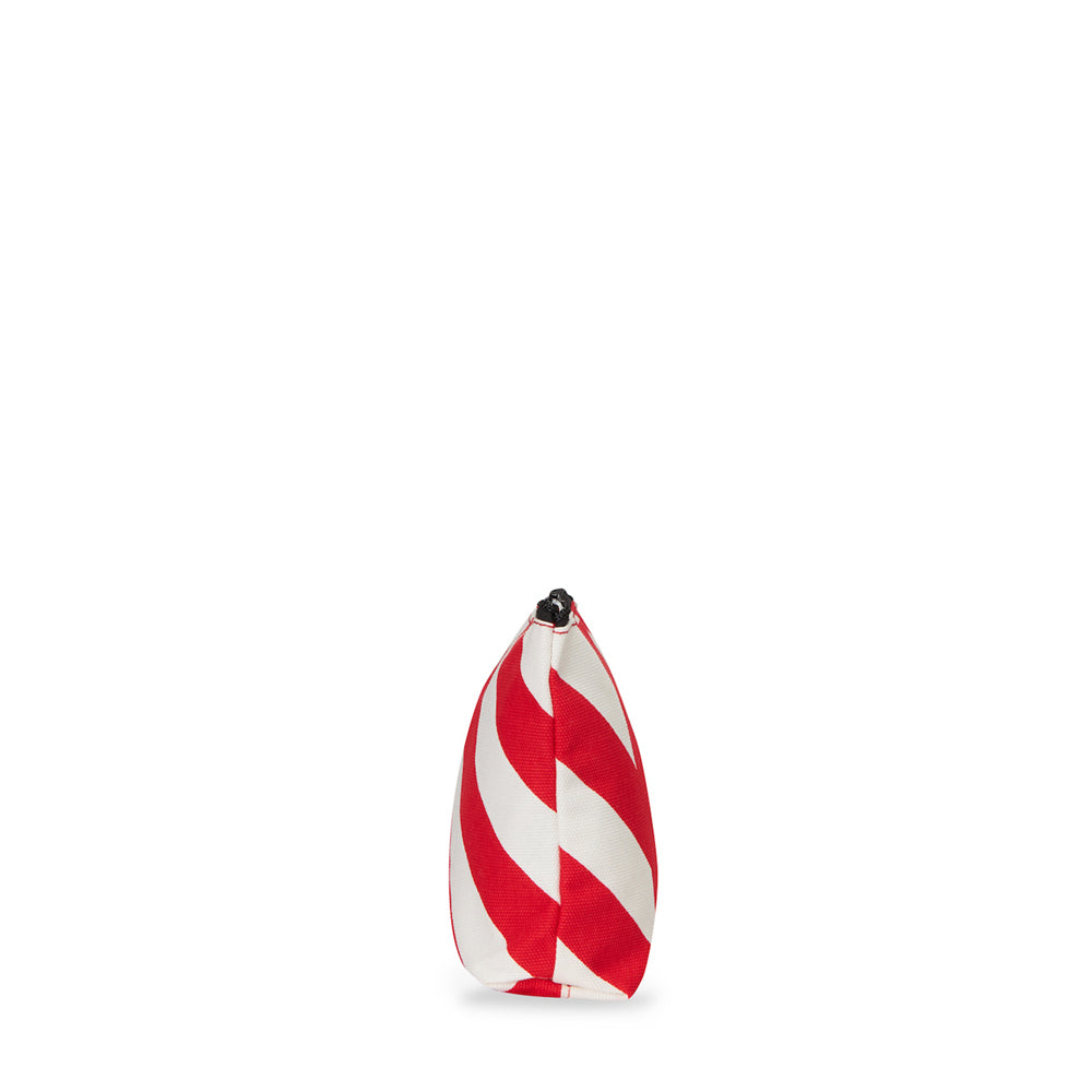 Red and white striped pouch on a white background