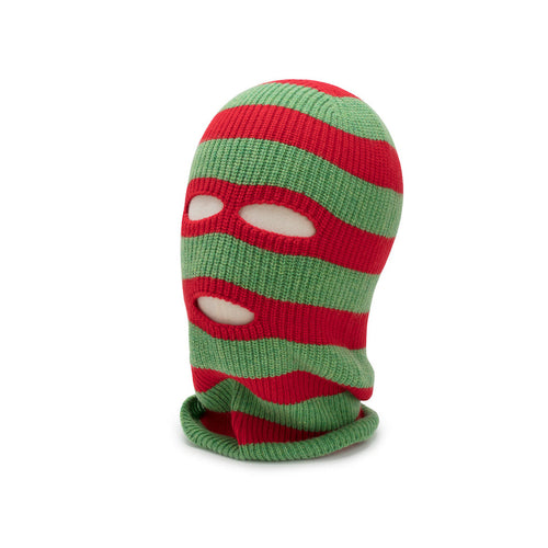 Green and red striped ski hood on a white background
