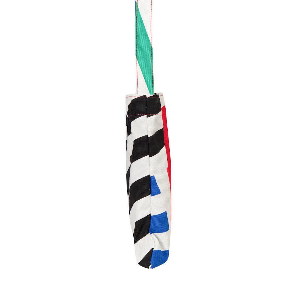 Colorful striped shoulderbag with black, white, blue, green, and red on a white background