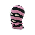 Pink and black striped ski mask on a white background