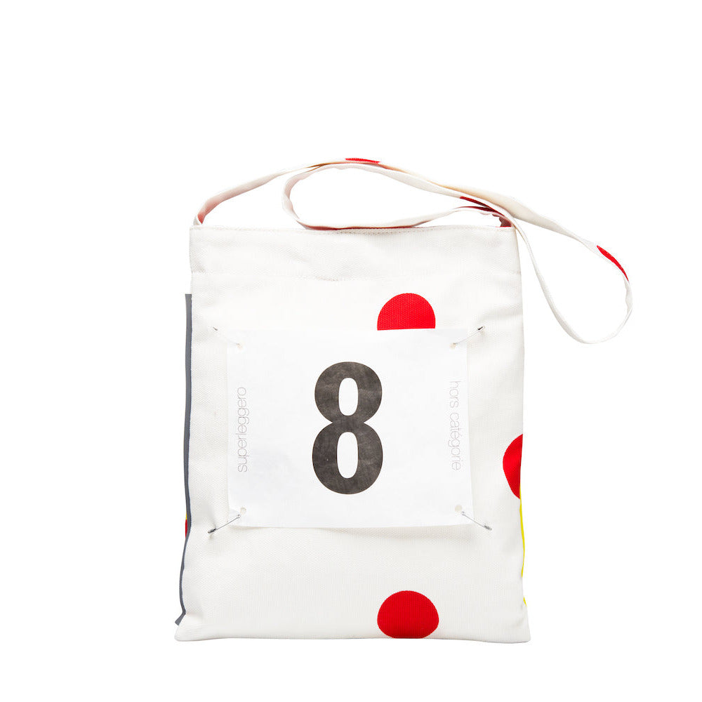 White bag with red dots and tyvek number 8 on a white background