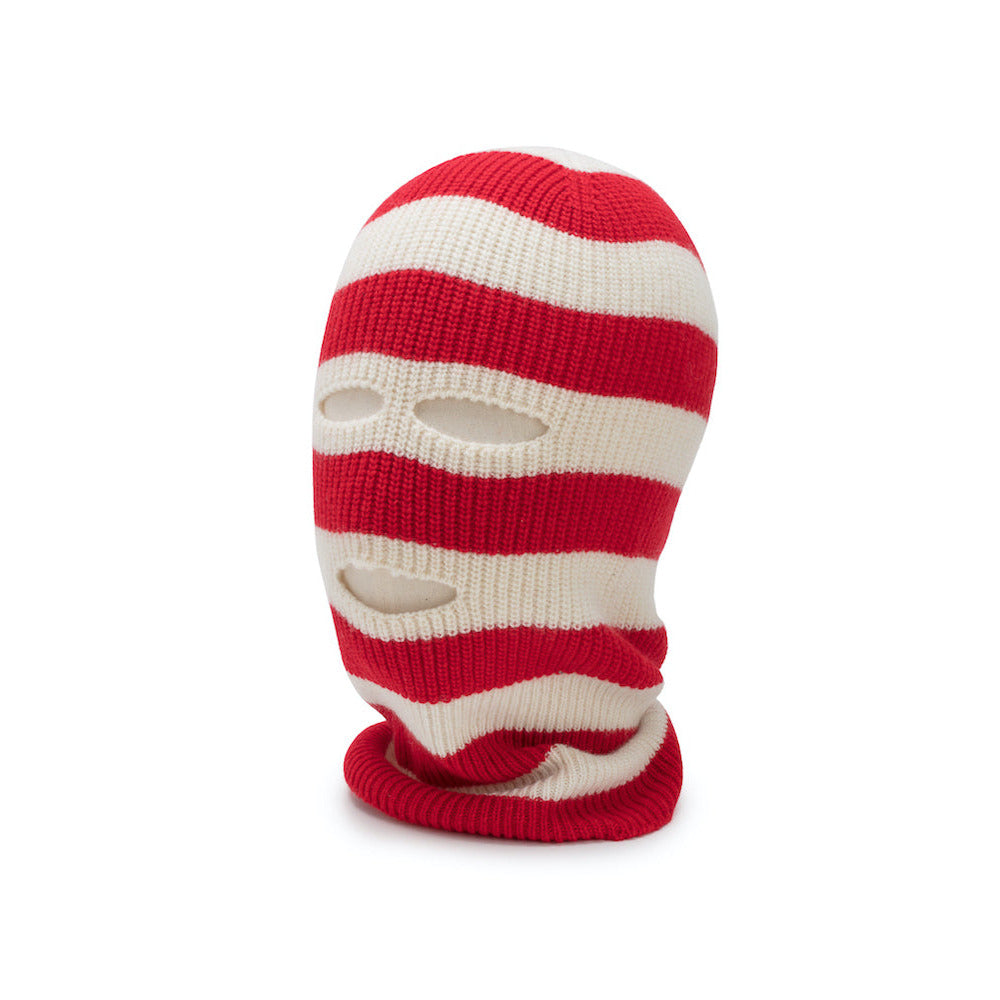 Red and white striped ski mask on a white background