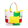 Colorful tote bag with geometric patterns on a white background