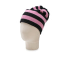 Pink and black striped beanie on a mannequin head against a white background