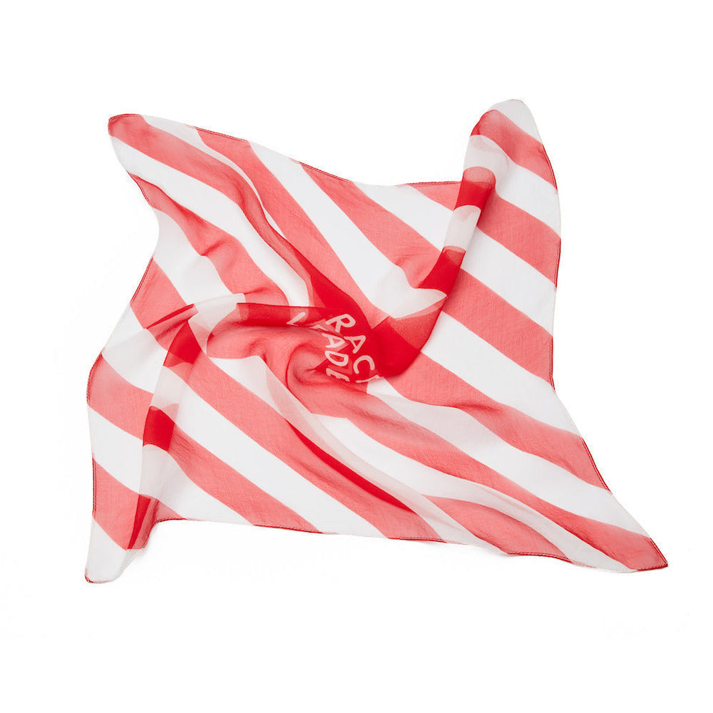 Red and white striped silk foulard with 'RACE LEADER' branding on a white background