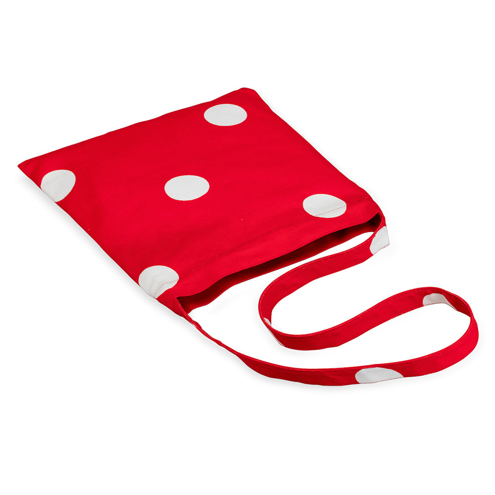 Red bag with white polka dots on a white background