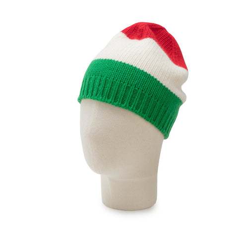 Knitted hat with red, white, and green colors on a mannequin head against a white background